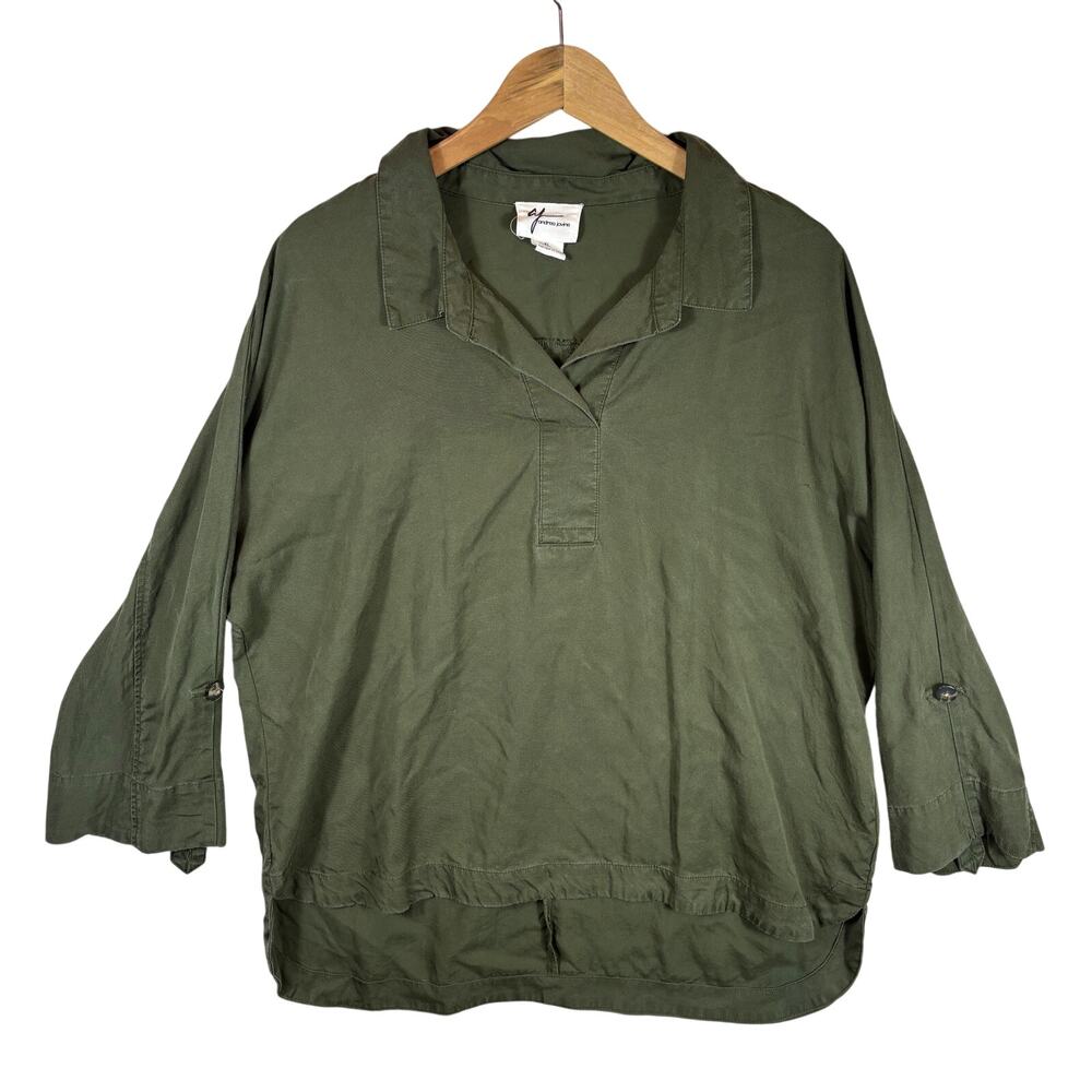 Andrea Jovine Tunic Blouse Womens XL Olive Green Lyocell High Low Boxy Roll Tab